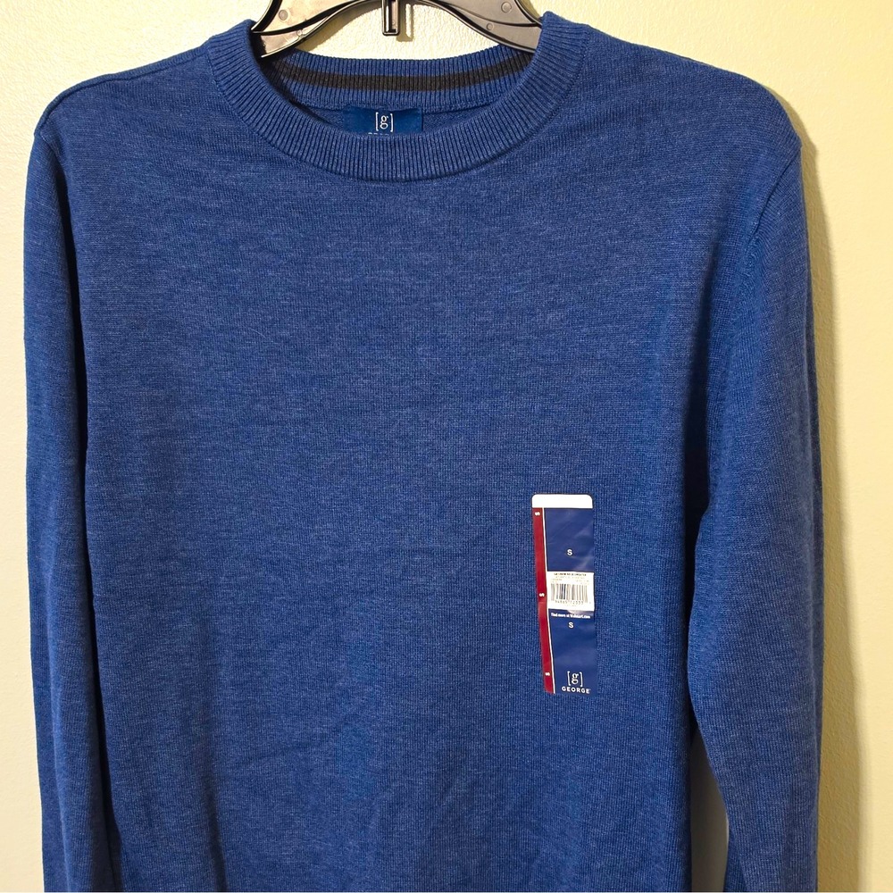 George Men's Crew Neck Knit Pullover Sweater Solid Blue Long Sleeve S #319